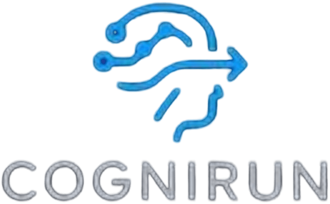 Blue logo with text "COGNIRUN" on black.