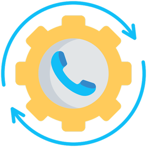 Phone icon inside gear with arrows.