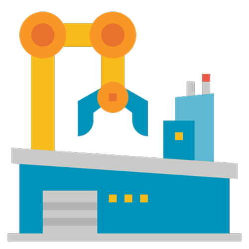 Factory with robotic arm illustration.