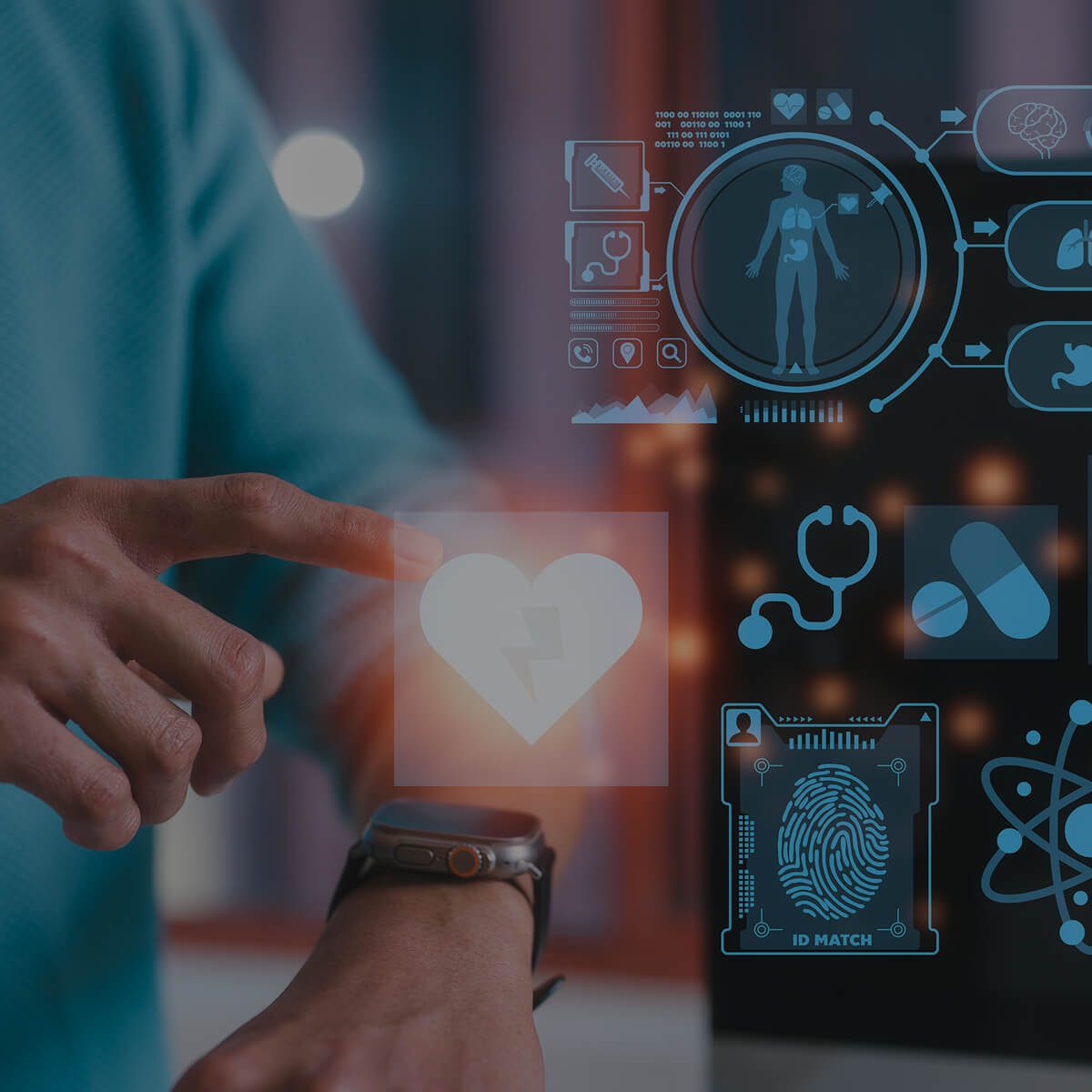Person interacting with futuristic digital health interface.