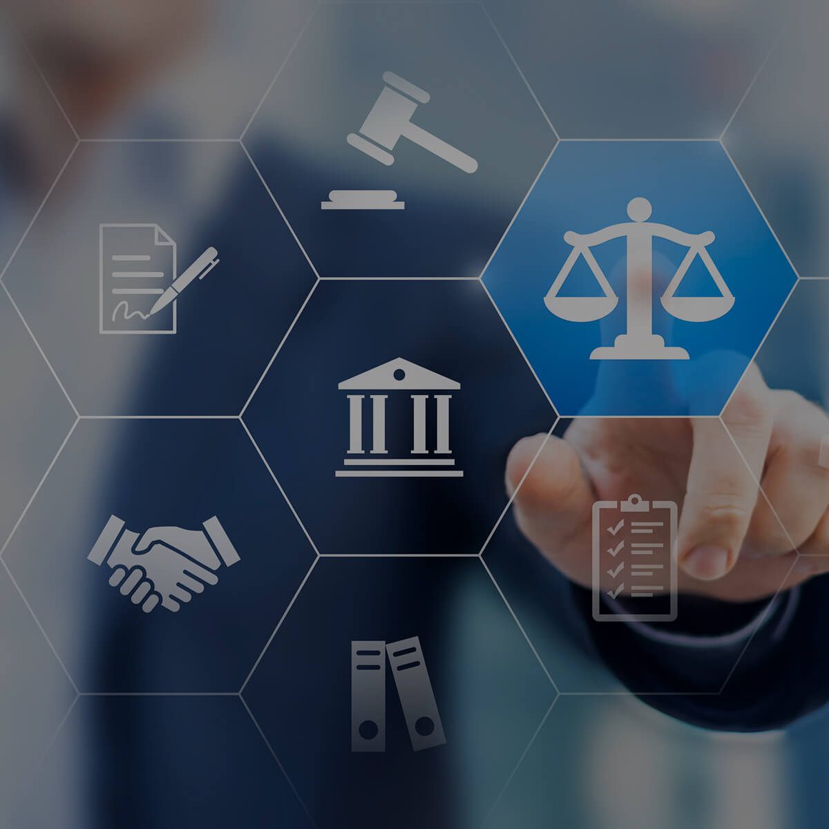 Legal icons with person pointing at scales.