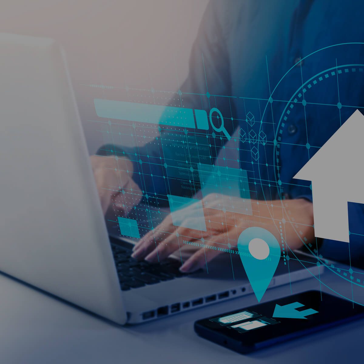 Person using laptop with digital home icons.