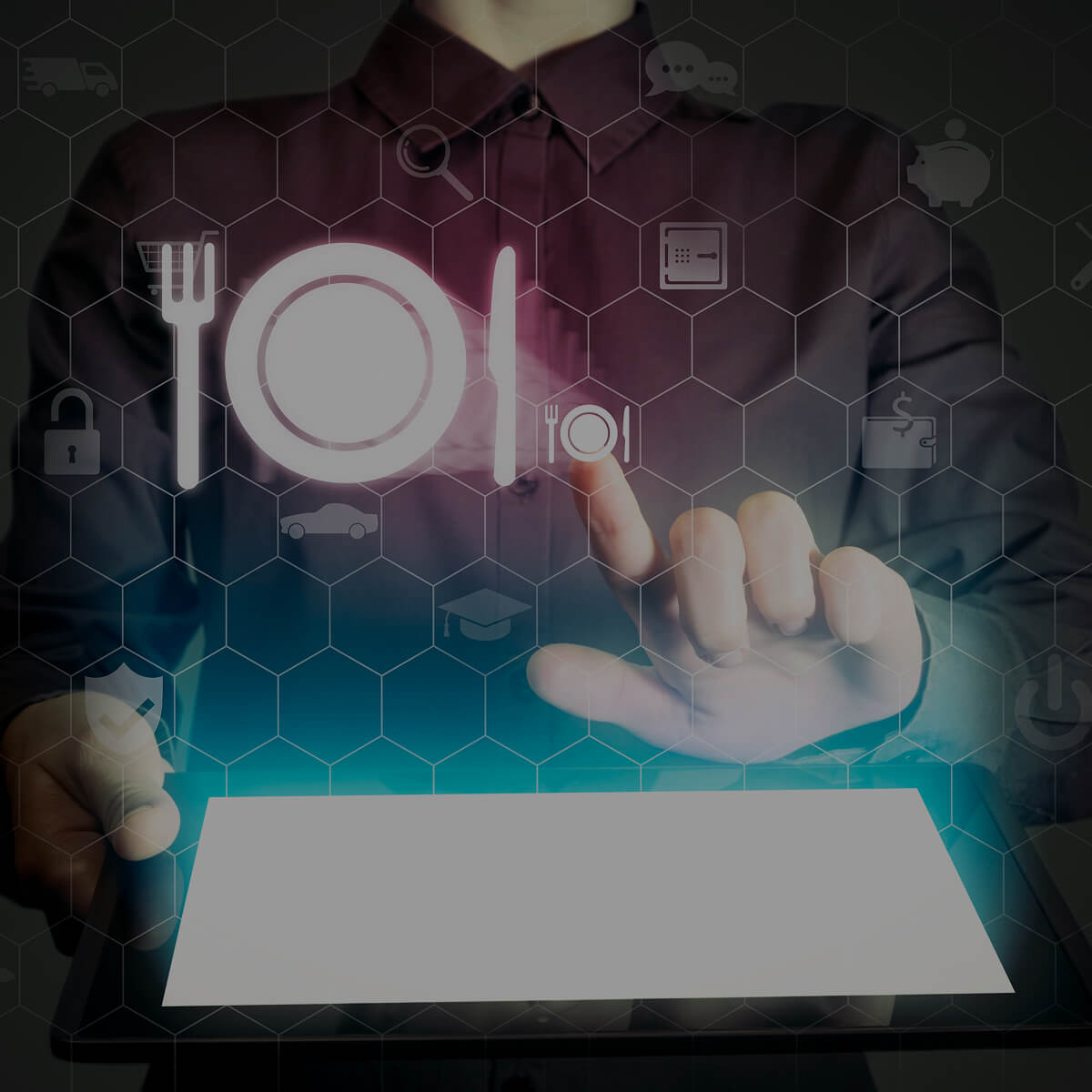 Digital dining concept with virtual interface.