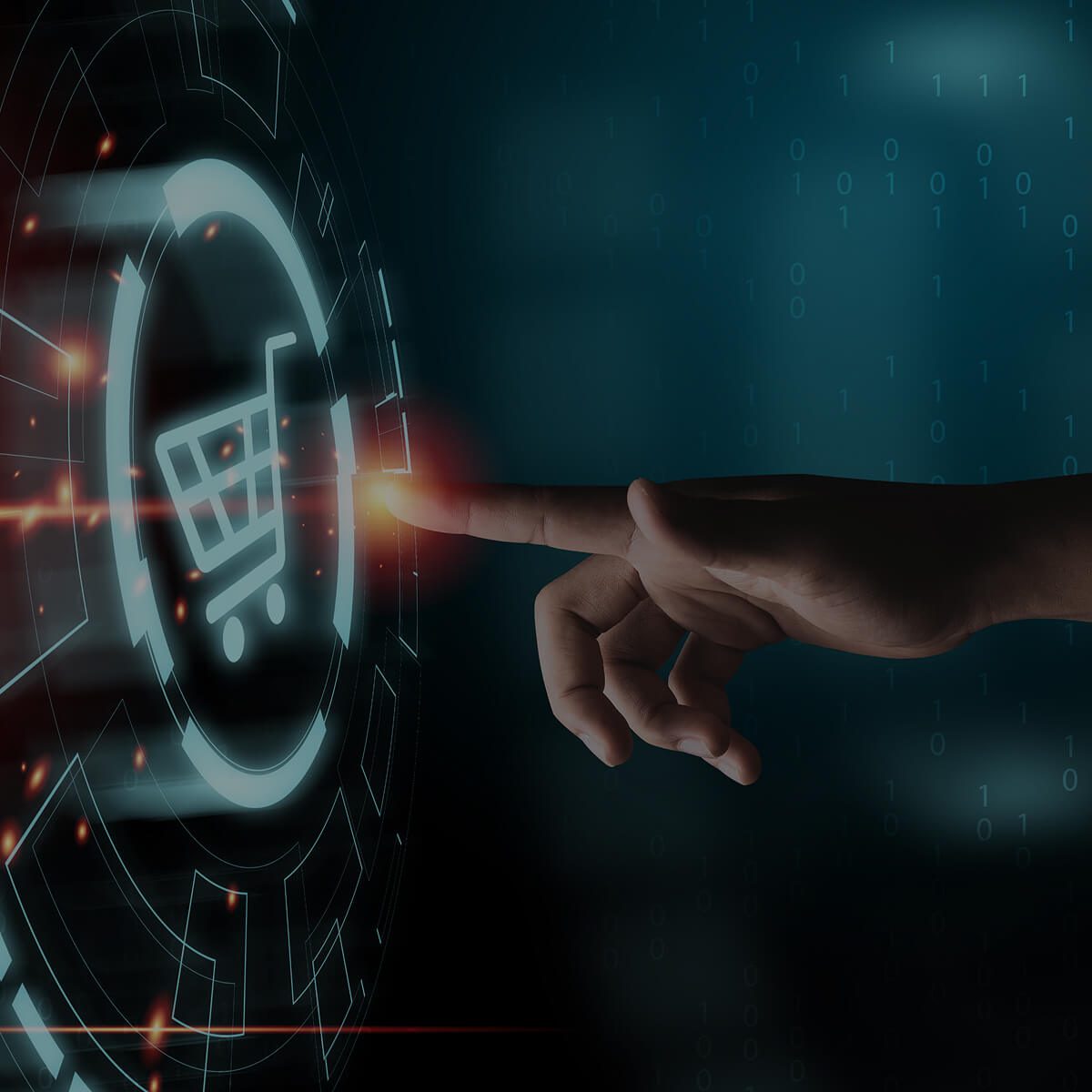 Finger touching digital shopping cart icon.