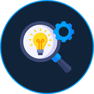 Magnifying glass with light bulb and gear.