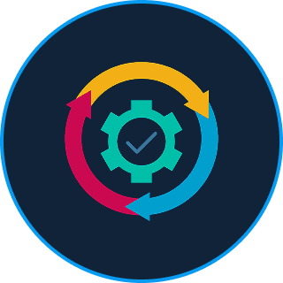 Circular arrows with gear and checkmark icon.