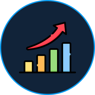 Bar chart with upward red arrow.