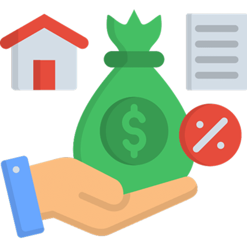 Hand holding money bag, house, percentage, document.