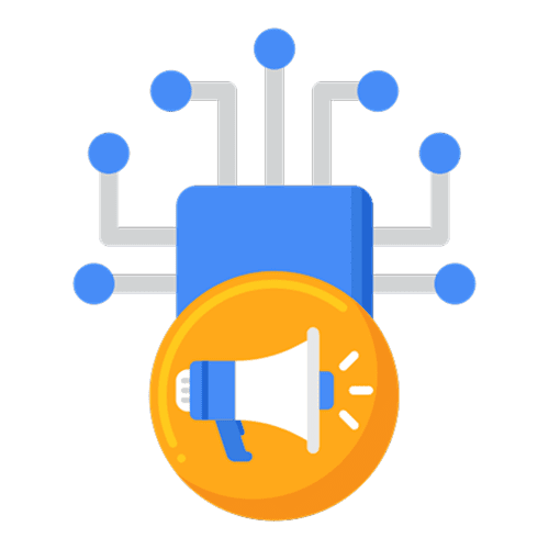 Megaphone with circuit connections on black background.