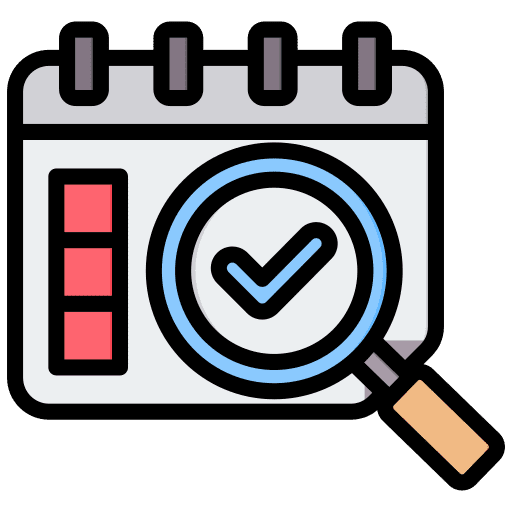 Calendar with a magnifying glass highlighting a checkmark.