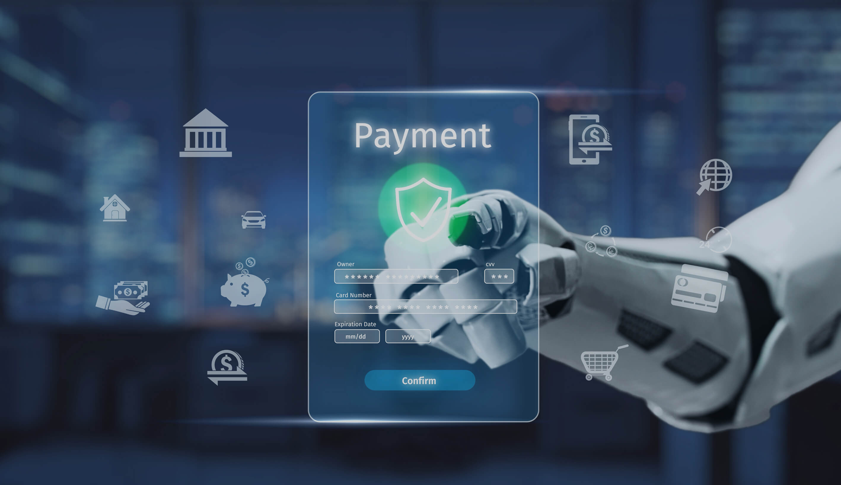 Robot hand interacting with digital payment interface.