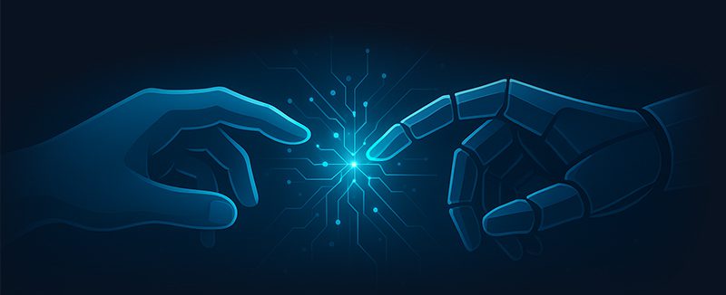 Human hand and robotic hand reaching towards each other with digital connection.