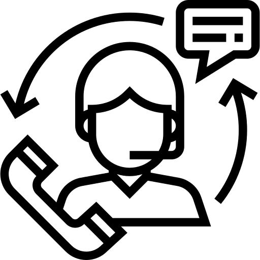 Customer service representative with headset and phone call icons.