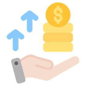 Hand holding coins with upward arrows.