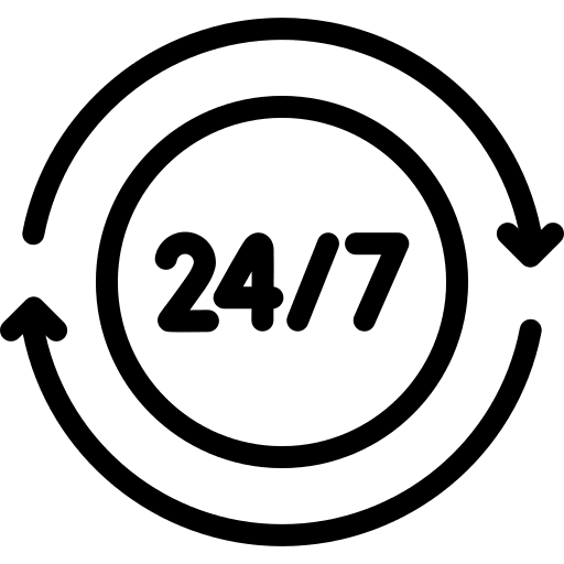 24/7 availability symbol with arrows in a circle.