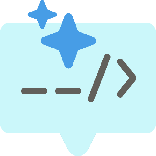 A chat bubble with coding symbols and sparkles.