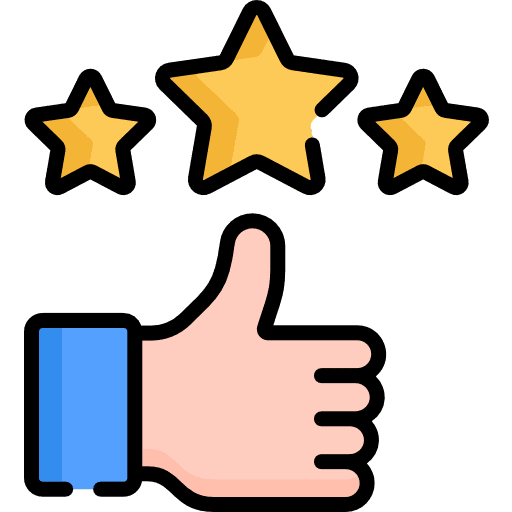 Thumbs up with three stars above, symbolizing approval or high rating.