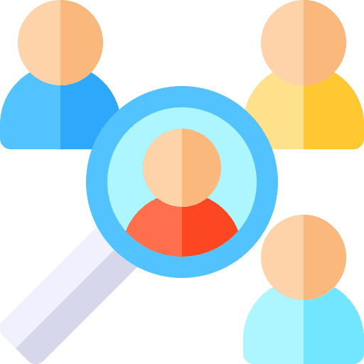 Magnifying glass focusing on a person among a group.